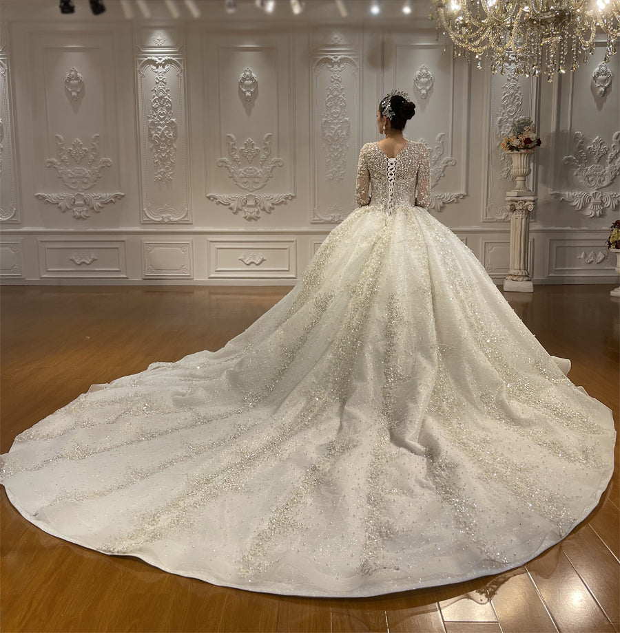 Luxury High Quality Lace long sleeves Bridal Wedding Ball Gown Dress