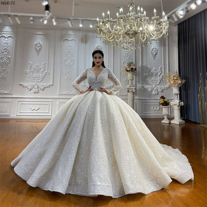 Luxury High Quality Lace long sleeves Bridal Wedding Ball Gown Dress