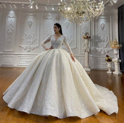 Luxury High Quality Lace long sleeves Bridal Wedding Ball Gown Dress