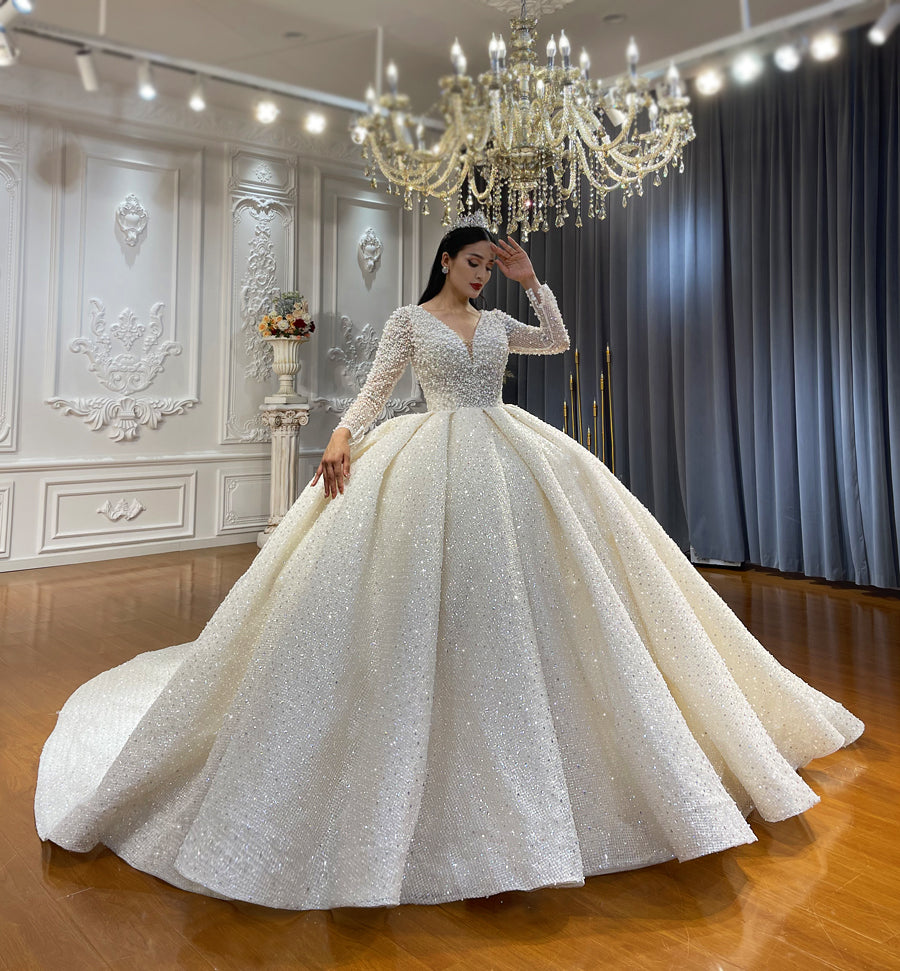 Luxury High Quality Lace long sleeves Bridal Wedding Ball Gown Dress