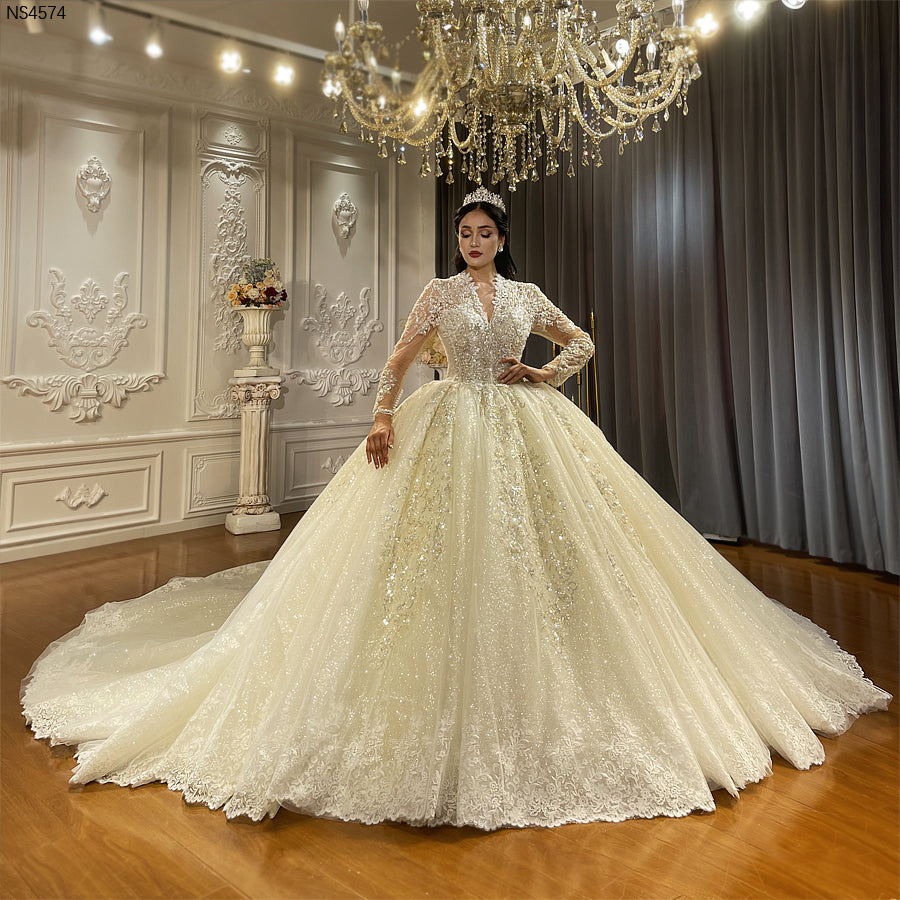 Luxury High Quality Lace long sleeves Bridal Wedding Ball Gown Dress