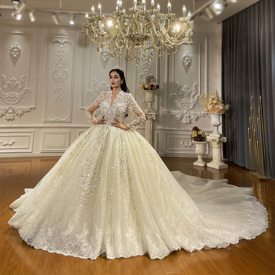 Luxury High Quality Lace long sleeves Bridal Wedding Ball Gown Dress