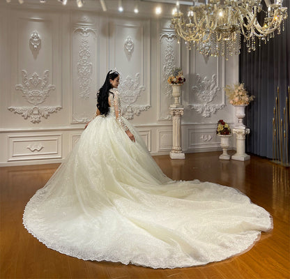 Luxury High Quality Lace long sleeves Bridal Wedding Ball Gown Dress