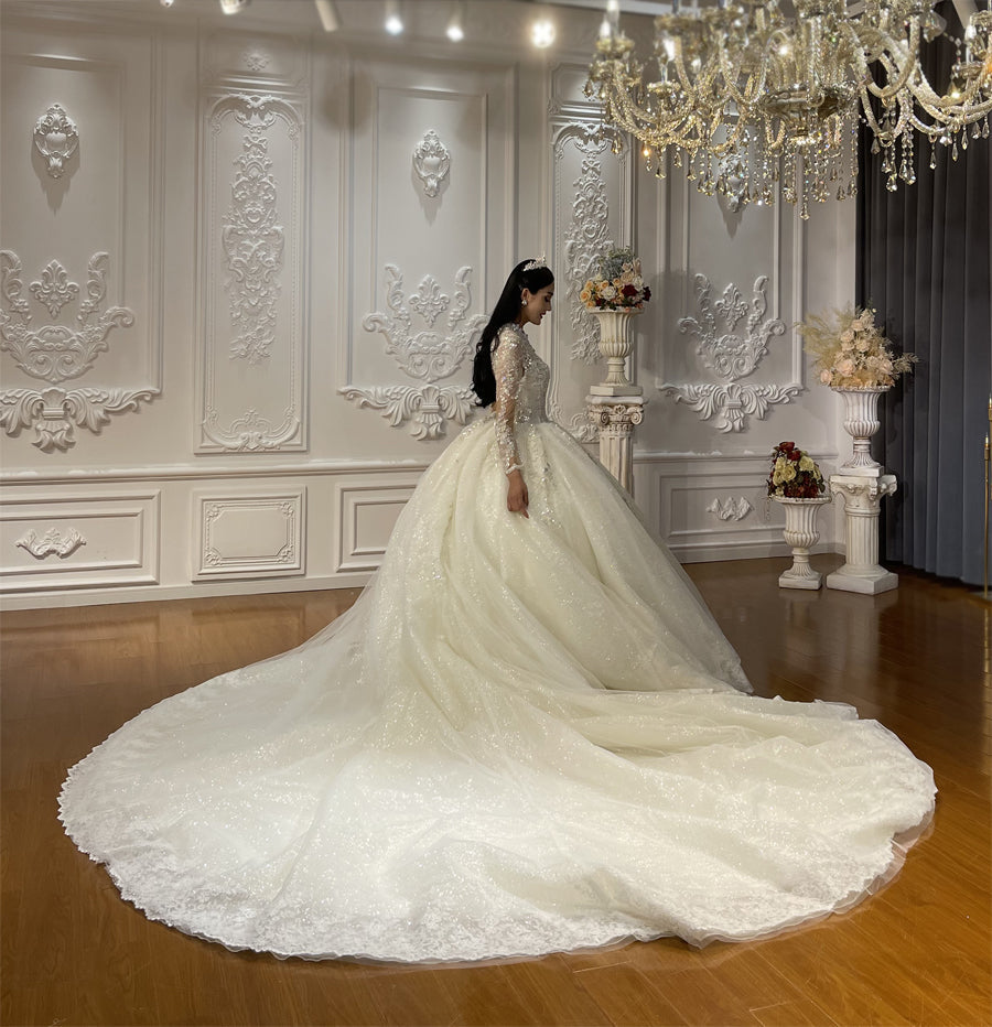 Luxury High Quality Lace long sleeves Bridal Wedding Ball Gown Dress