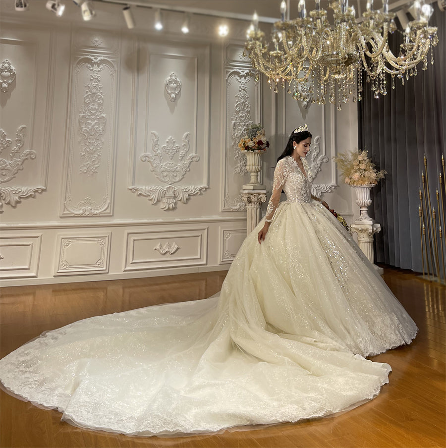 Luxury High Quality Lace long sleeves Bridal Wedding Ball Gown Dress