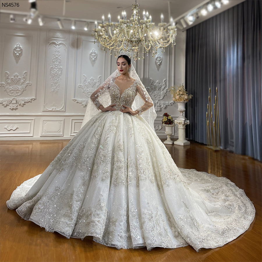 Luxury High Quality Lace long sleeves Bridal Wedding Ball Gown Dress