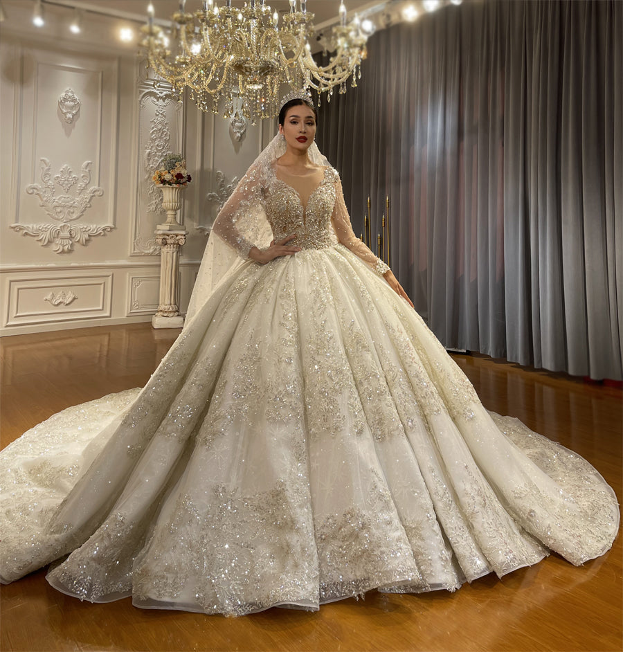 Luxury High Quality Lace long sleeves Bridal Wedding Ball Gown Dress