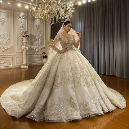 Luxury High Quality Lace long sleeves Bridal Wedding Ball Gown Dress