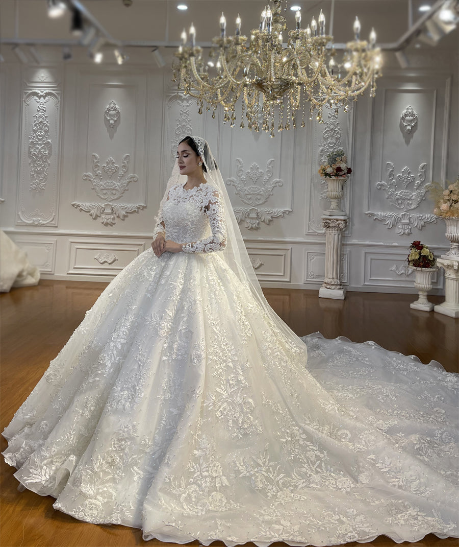 Luxury High Quality Lace long sleeves Bridal Wedding Ball Gown Dress