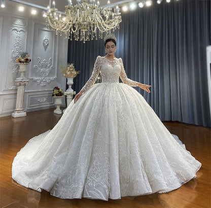 High Quality Lace long sleeves Bridal Wedding Ball Gown Dress