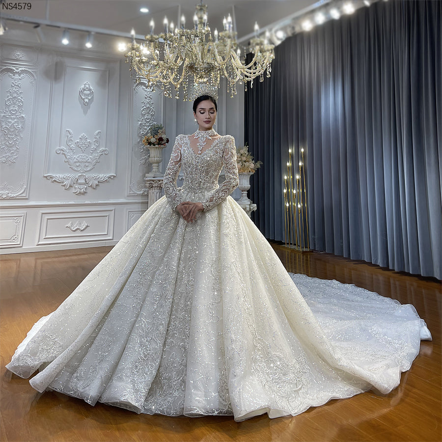 High Quality Lace long sleeves Bridal Wedding Ball Gown Dress