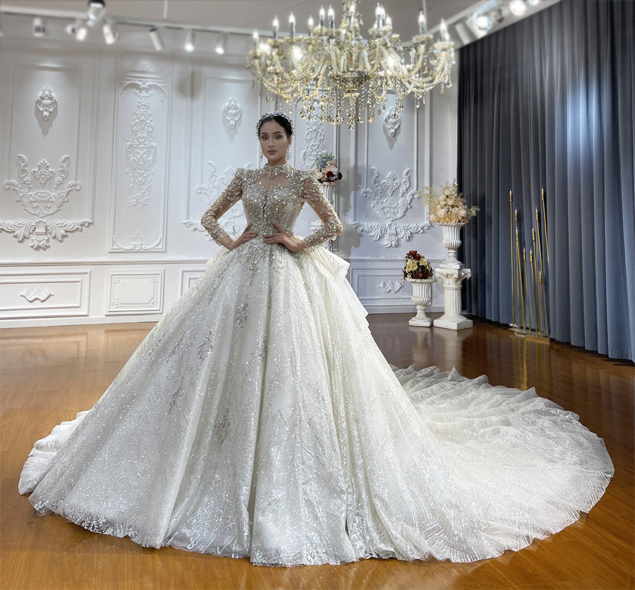 Luxury Bridal high quality high neck Long Tail lace Dream Wedding Dress