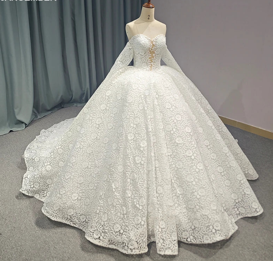 Luxury Lace White Dress Embroidery Wedding Dress Bridal Gown Detachable Sleeves Wedding Dress