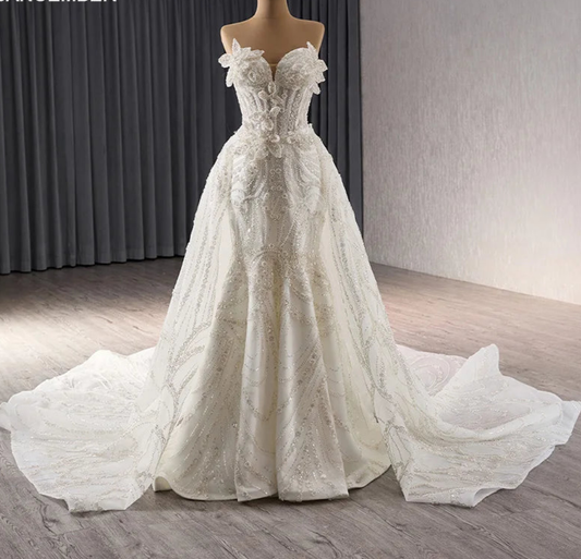 Luxury Sweetheart Sequin Wedding Dress Gown Heavy beaded 3D Flower Mermaid Gown With Detachable Train Wedding Dresses