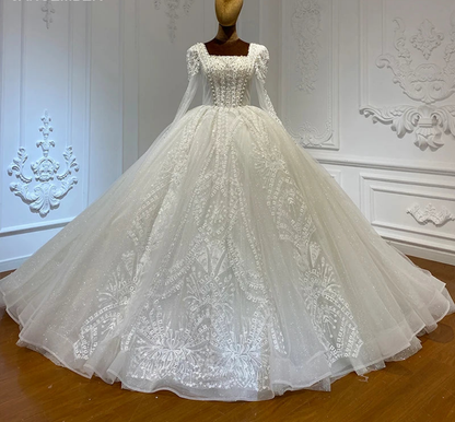 Custom Square Neck Beading Puffy Ball Gown Wedding Dress For Bride Sparkling Diamond Wedding Gown