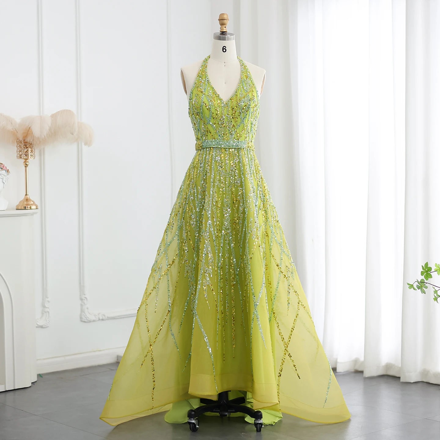 Beaded Lemon Green Evening Dresses with Halter High Low Women Wedding sultanti Beaded Lemon Green Evening Dresses with Halter High Low Women Wedding sultanti