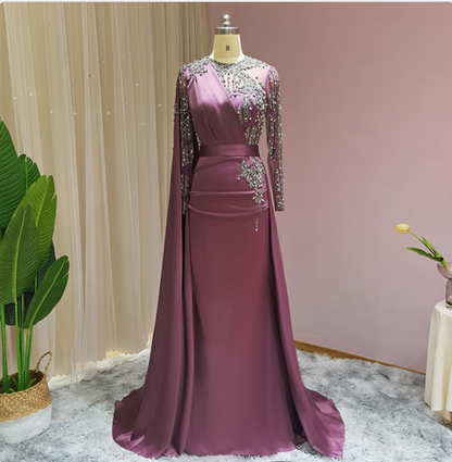 Burgundy Long Evening Dresses with Cape Sleeve Luxury  Formal Dress for Women Wedding Party