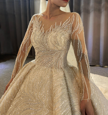 Luxury  Lace beaded Bridal Long Sleeve  Wedding Dress