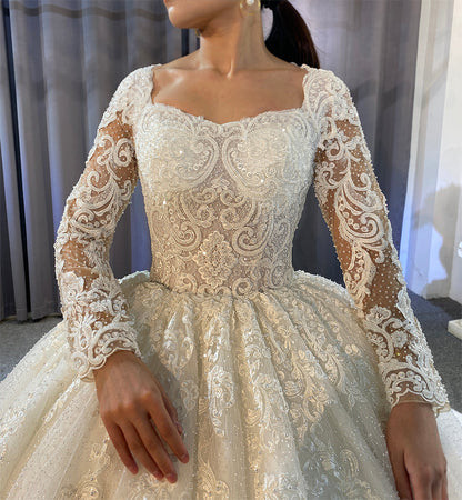 Bridal Luxury  Lace beaded Long Sleeve  Wedding Dress