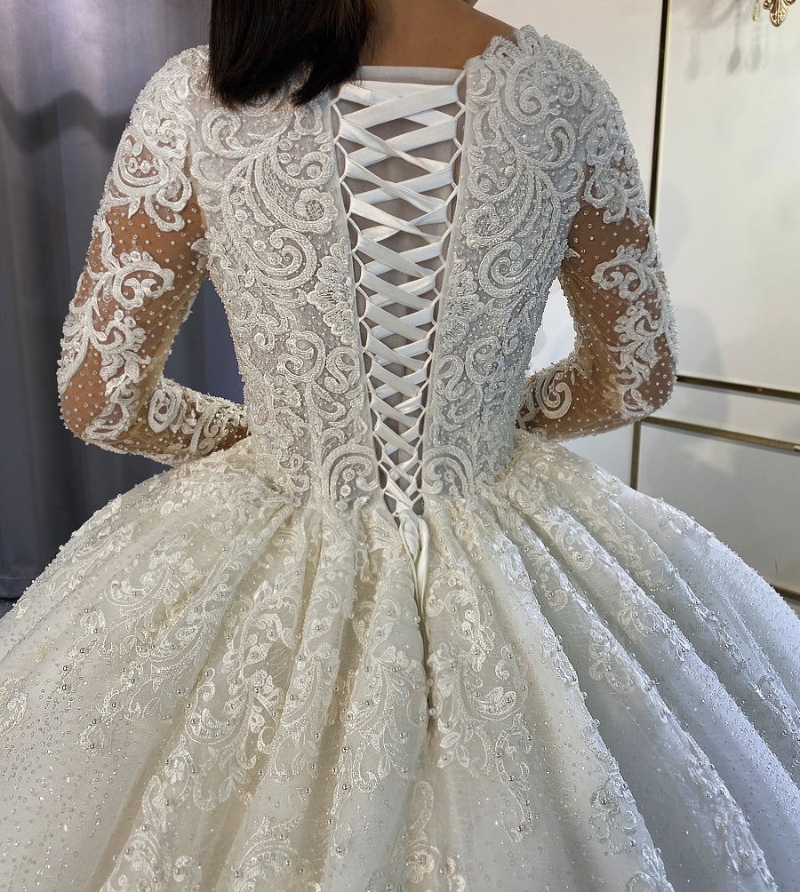 Bridal Luxury  Lace beaded Long Sleeve  Wedding Dress