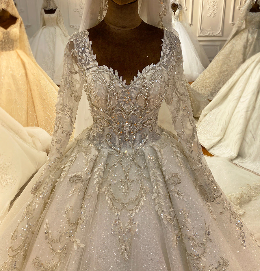 Bridal Luxury  Lace beaded Long Sleeve  dream Wedding Dress