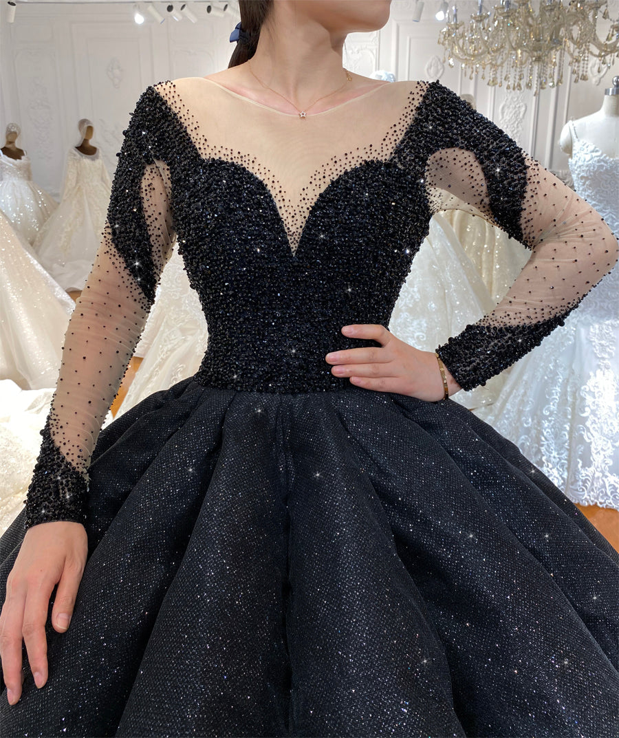 Black Bridal Luxury  Lace beaded Long Sleeve  dream Wedding Dress