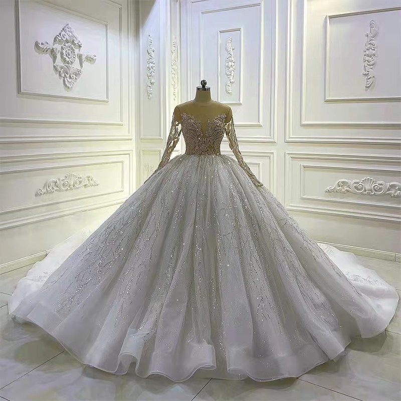 Custom Luxury Bridal Wedding Dress White Crystal Beads Sequins Dress – sultanti