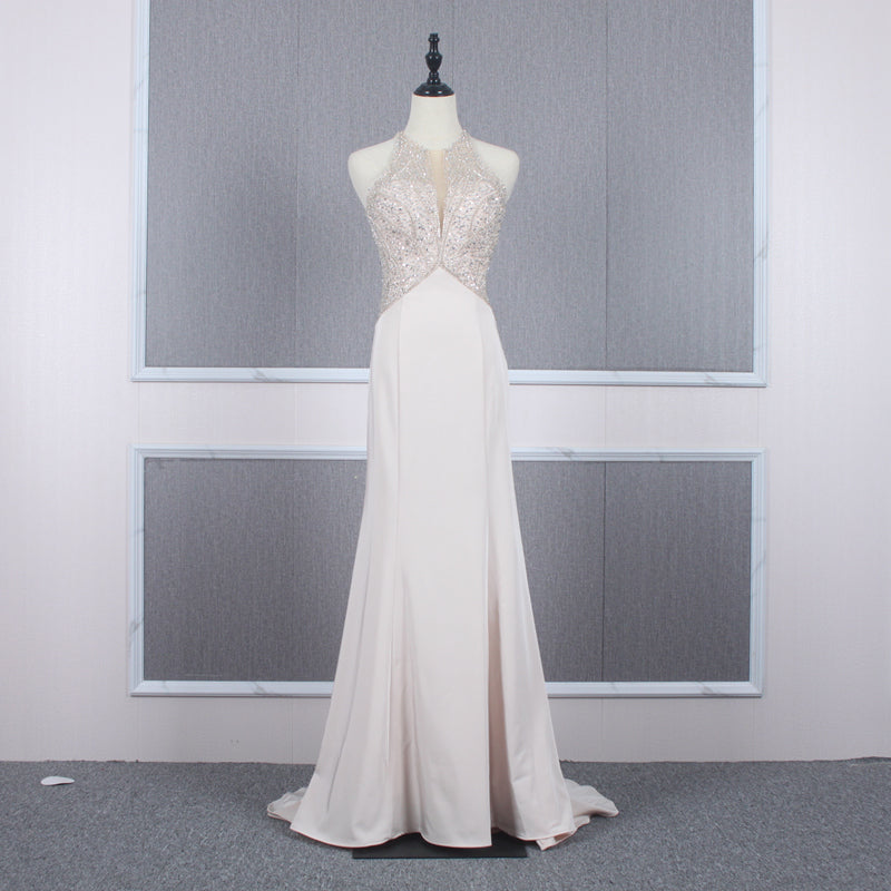 New Elegant Suspending Neck Pearl Sequined White Bridal Evening Dress