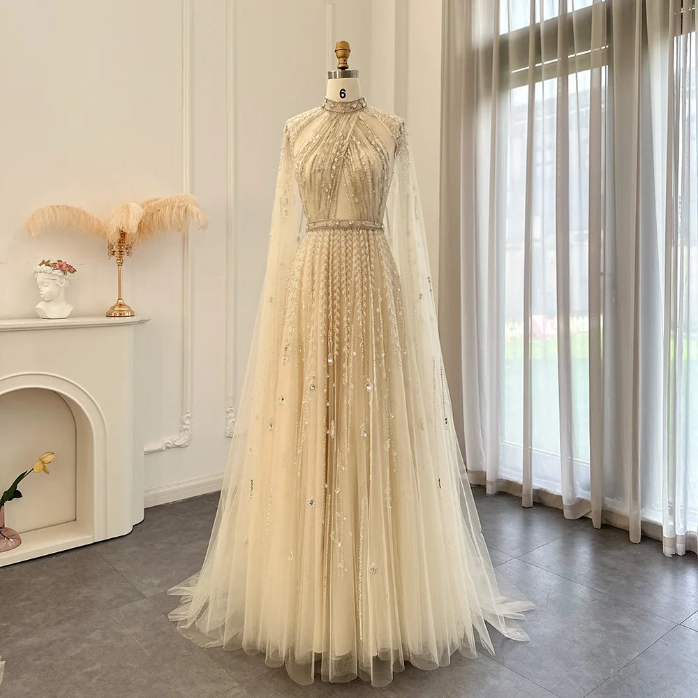 Evening Dress with Cape Sleeve Elegant Long Formal Dresses for Wedding sultanti Evening Dress with Cape Sleeve Elegant Long Formal Dresses for Wedding sultanti