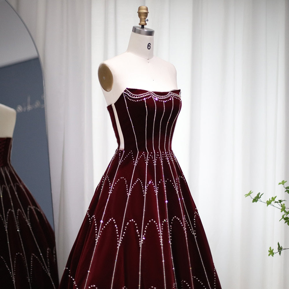Burgundy Velvet Ball Gown Evening Dress Luxury Crystal Women Formal Pa sultanti Burgundy Velvet Ball Gown Evening Dress Luxury Crystal Women Formal Pa sultanti