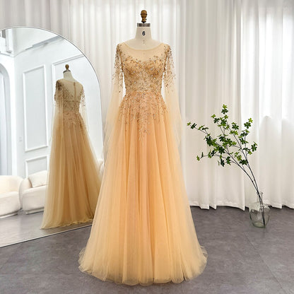 Luxury Gold Evening Dress with Cape Sleeve Women Prom Formal Dresses f sultanti Luxury Gold Evening Dress with Cape Sleeve Women Prom Formal Dresses f sultanti
