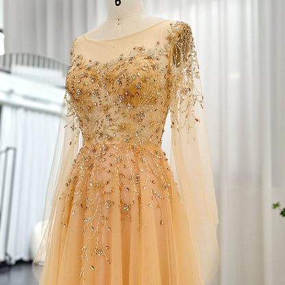 Luxury Gold Evening Dress with Cape Sleeve Women Prom Formal Dresses f sultanti Luxury Gold Evening Dress with Cape Sleeve Women Prom Formal Dresses f sultanti